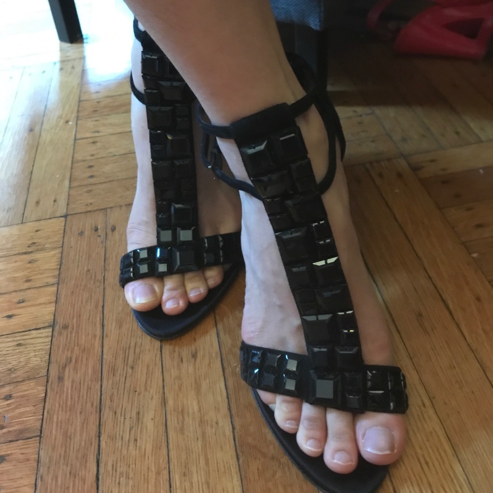 HUGO BOSS size 8.5 black suede jeweled strappy high heels sandals - Piamanta